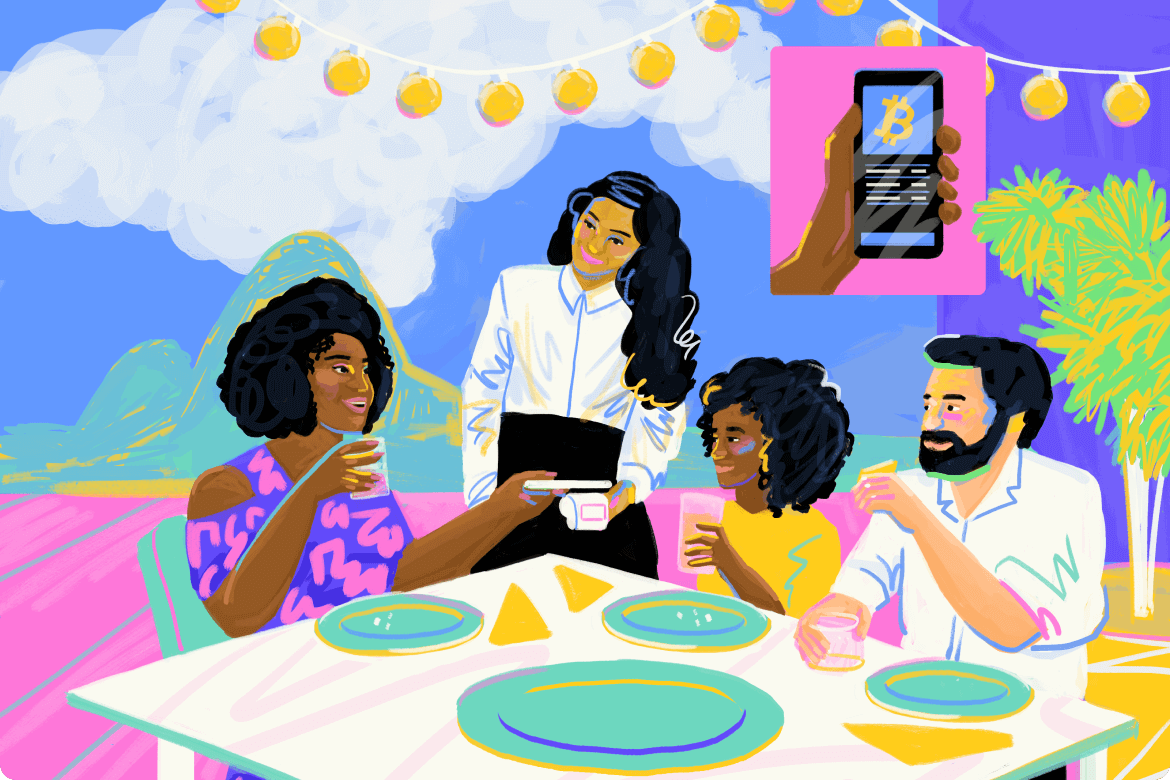 Ilustração de grupo de amigos numa mesa com um celular em foco com ícone do bitcoin