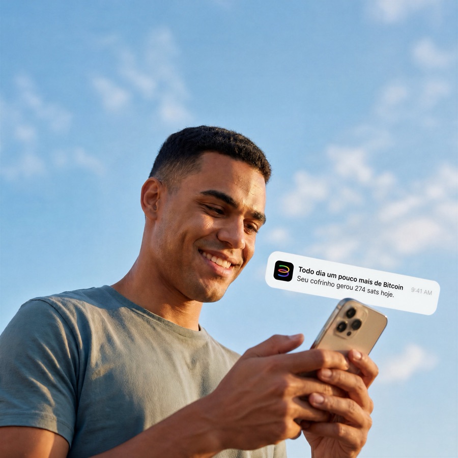 Tela do app Bipa mostrando extrato do Cofrinho com pagamentos diários em Bitcoin