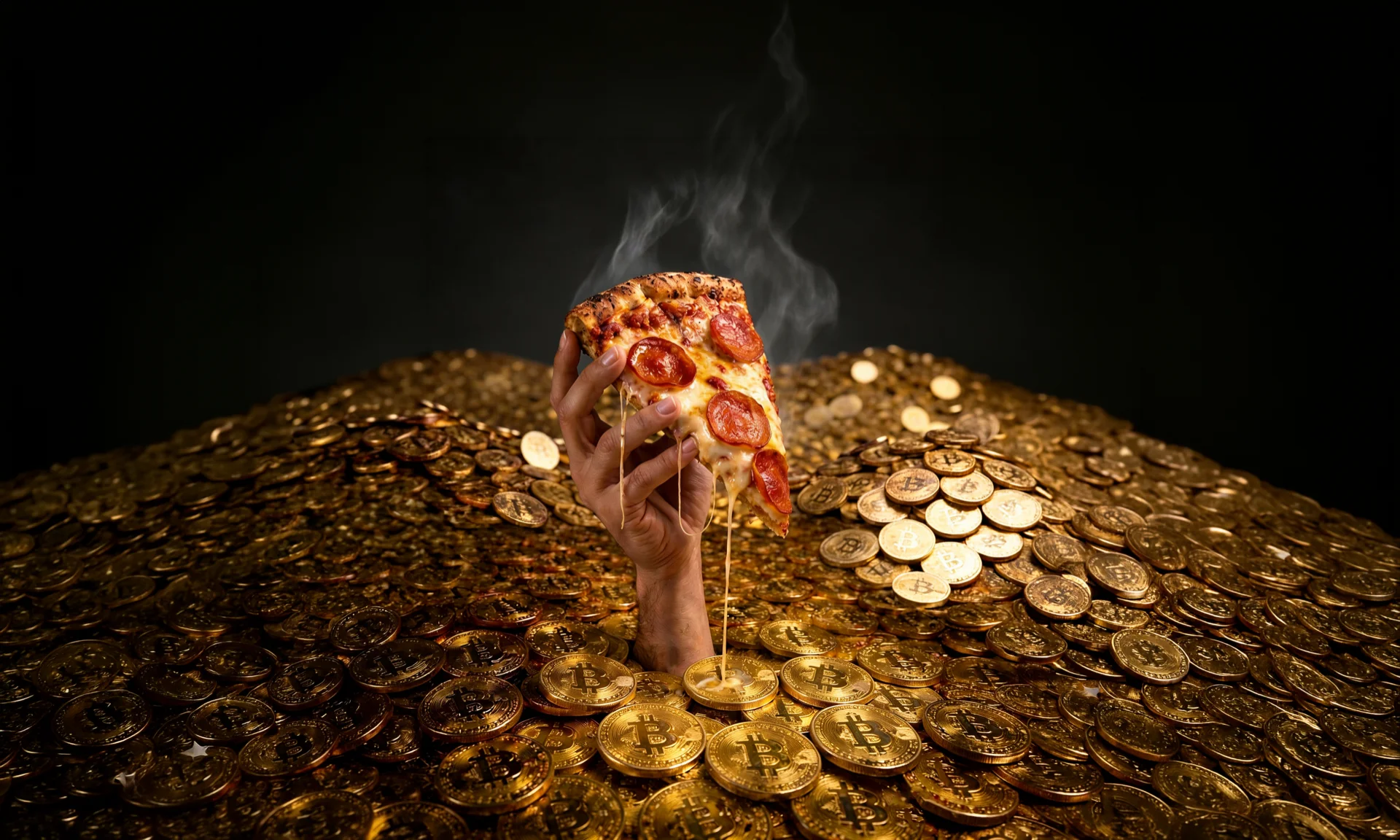 Pizza sobre moedas de Bitcoin celebrando o Bitcoin Pizza Day