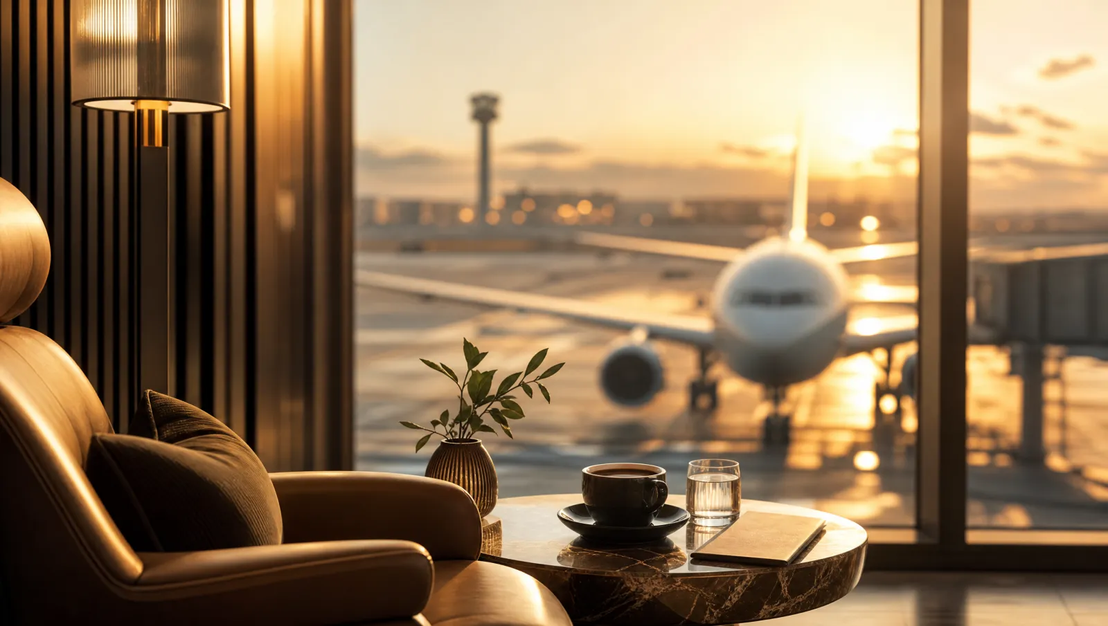 Sala VIP com poltronas e vista para aviões no pátio do aeroporto ao pôr do sol