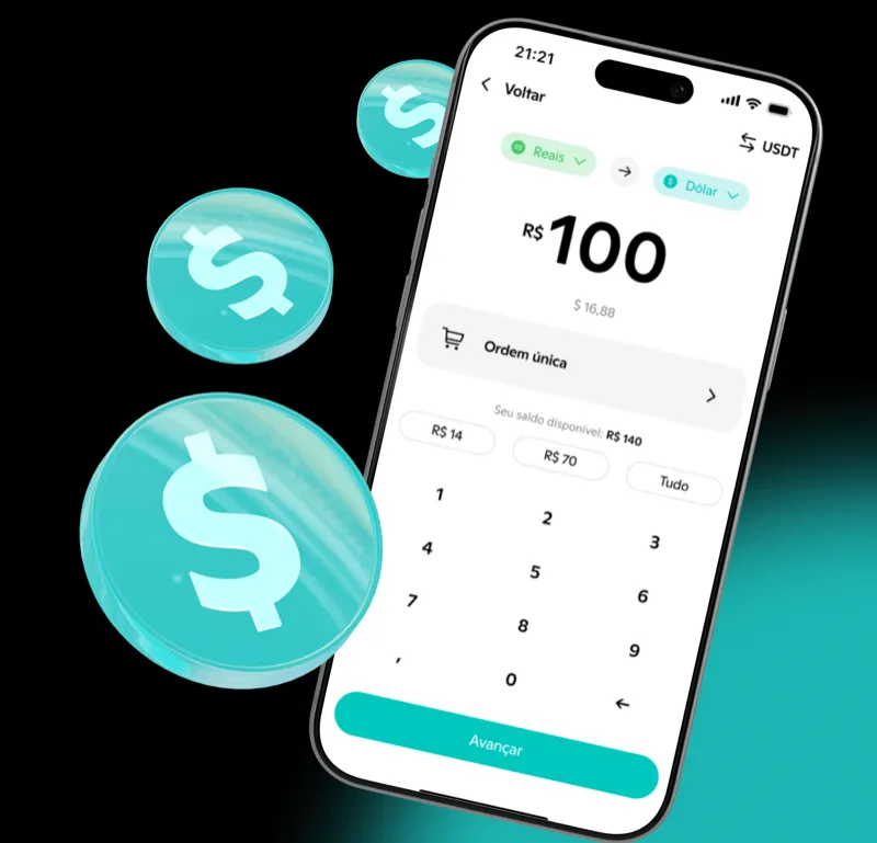 Tela do app Bipa mostrando compra de R$ 100 em USDT via Pix com cotação em tempo real e botão Avançar