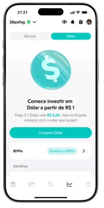 Tela do app Bipa mostrando carteira de Dólar USDT com cotação em tempo real e botão Comprar Dólar